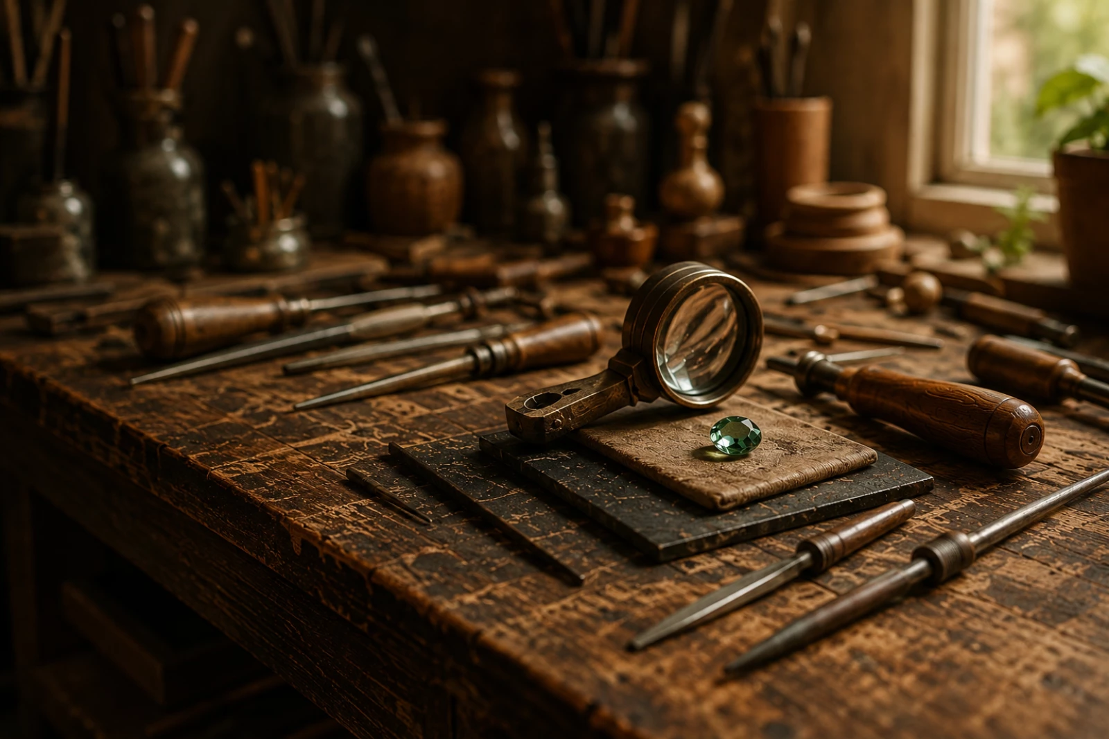 Outils et pierre fine sur un établi artisanal
